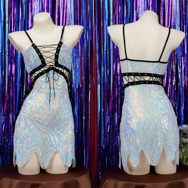 

Mermaid Slip Dress Backless Sequins See-through Lingerie Woman Paloli Sexy Cosplay Outfit Laceup Underwear