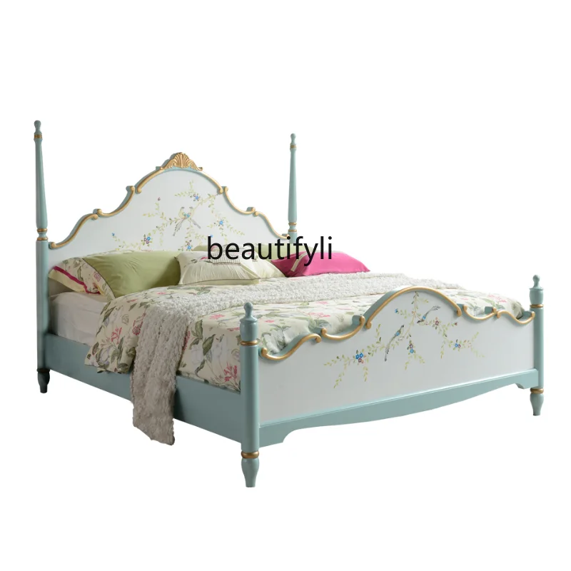 

American Country Solid Wood Bed Mediterranean Painted Pastoral Adult Bed Small Apartment Double Bed Master Bedroom Furniture