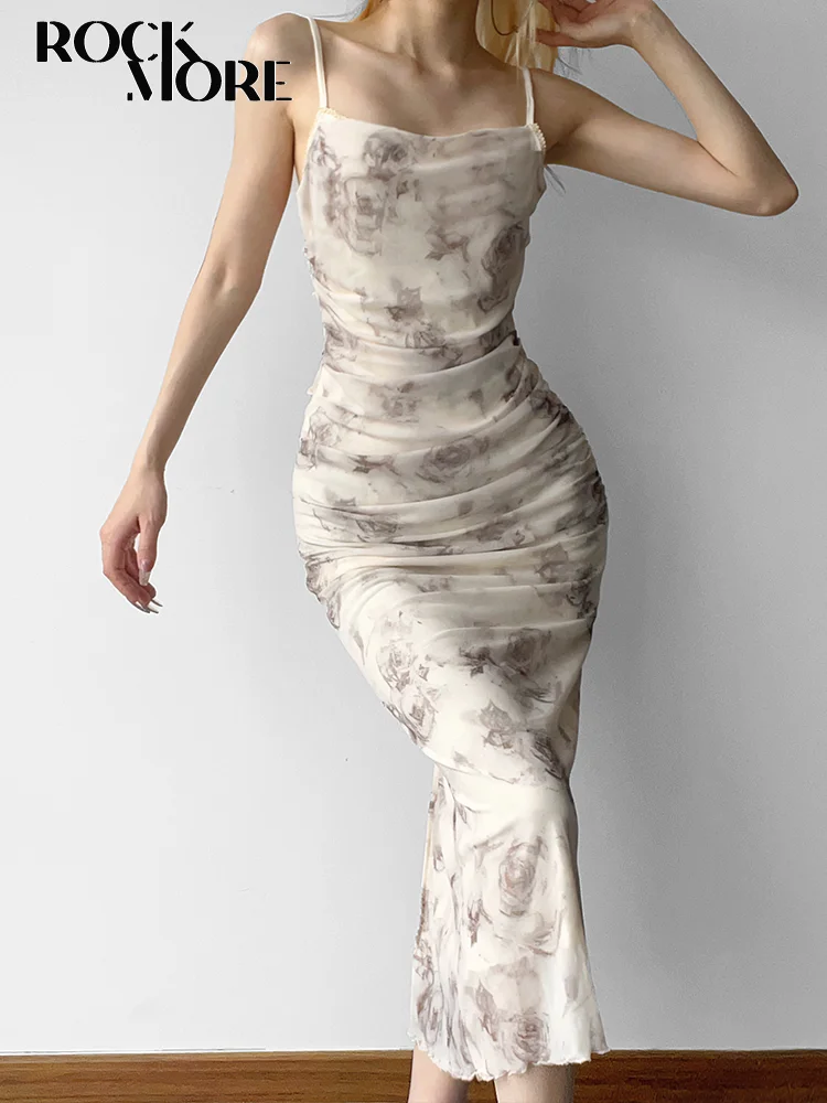 

Rockmore Vintage Fashion Mesh Maxi Dresses Sexy Split Party Outfits Print Long Dress Ballroom Dresses for Women Vestidos Mujer