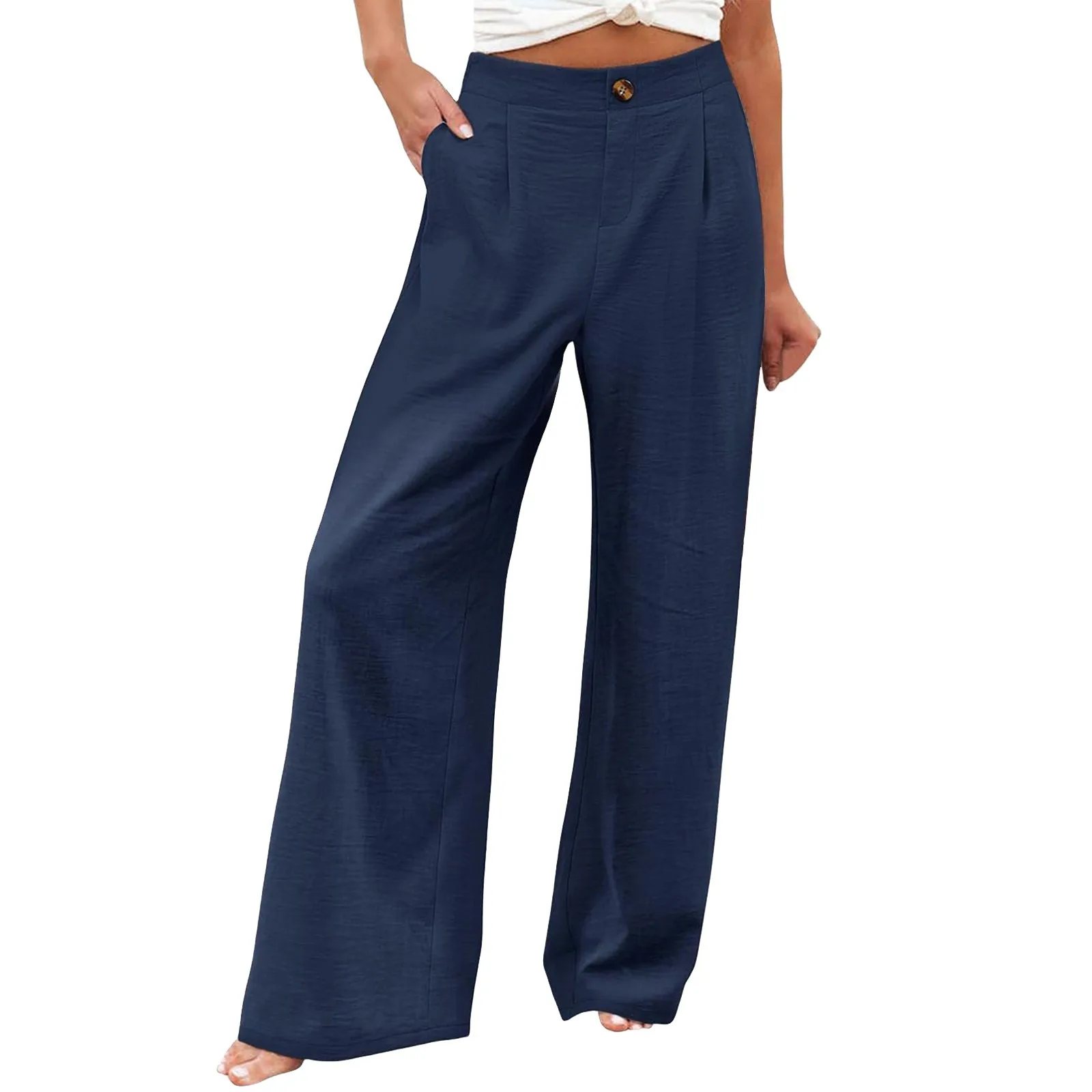 Korean Fashion Wide Leg High Waist Palazzo Pants For Women Smocked Elastic Waist Loose Comfy Casual Pajama Pants Pockets