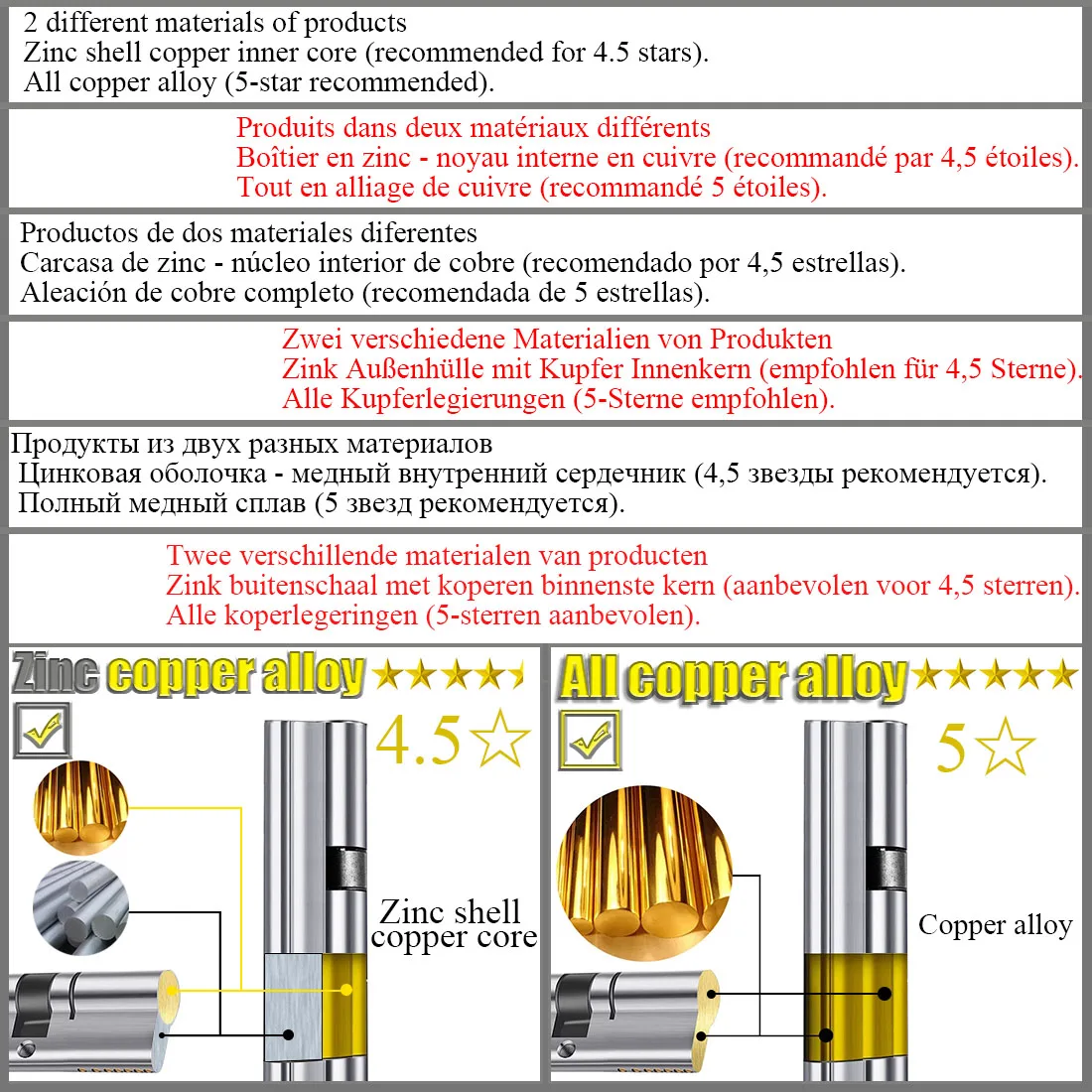 Door Lock Cylinder Copper Cylinder Outdoor Door Lock Entrance Lock 5 keys 50MM-120MM