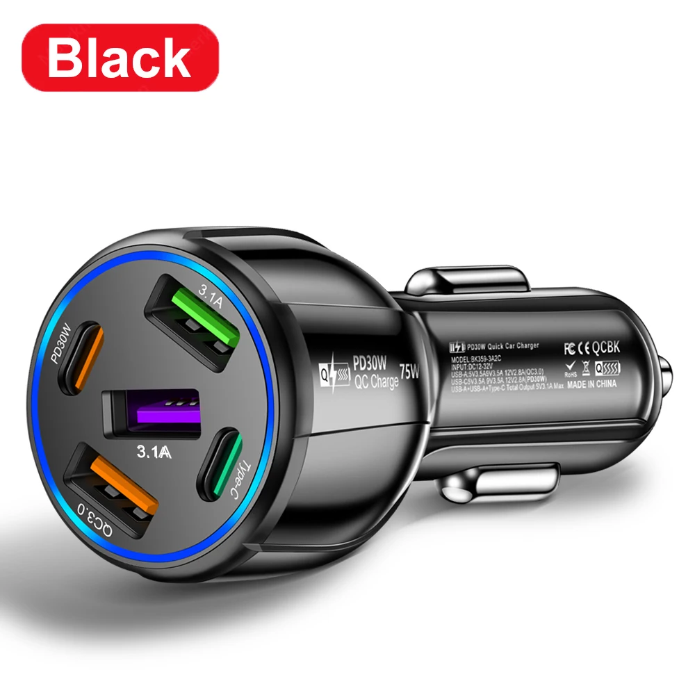 5 Ports USB Car Charger 75W PD Type C Fast Charging Charger In Car For iPhone Sa