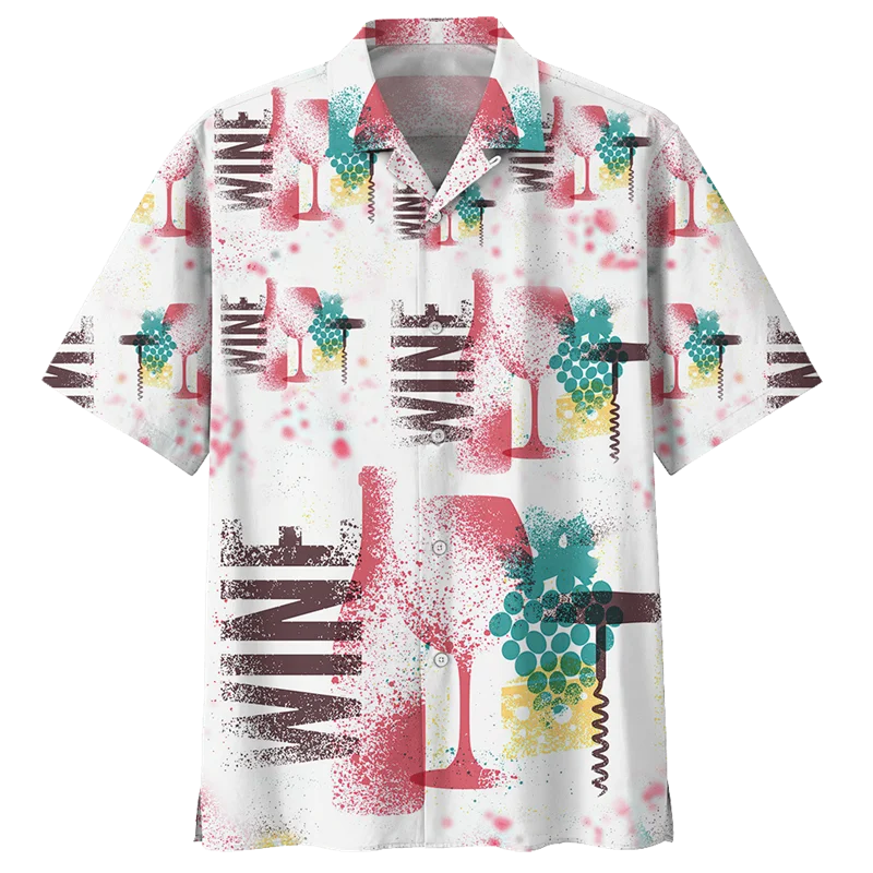 Camisa hawaiana con estampado de vino colorido para hombre, camisas de manga corta con solapa suelta y estampado 3D, blusas de botones de calle de verano Y2k