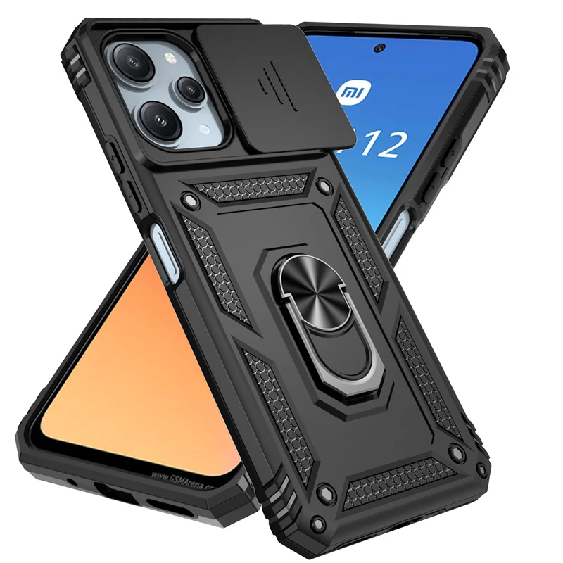 Enhanced Shockproof Armor Phone Case with Ring Holder and Slide Lens Protector for Xiaomi Redmi 12 4G (2023)