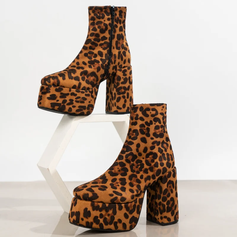 

Women's Boots Fashion Leopard Print Thick-soled Platform High Heels Autumn New Sexy Zipper Sewing Ankle Boots Casual Personality
