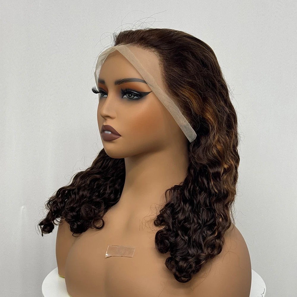 220% Density Water Wave Curly Human Hair Wig Ombre Bob Human Hair Wig 13x4 Transparent Lace Front Wig for Black Women