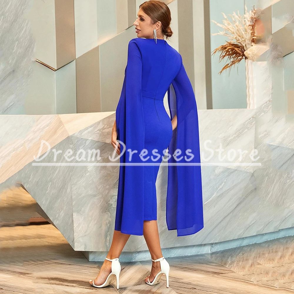 Elegant Long Sleeve Royal Blue Mother of the Bride Dresses V-Neck Pleat Tea-Length Wedding Party and Banquet Guest Gowns