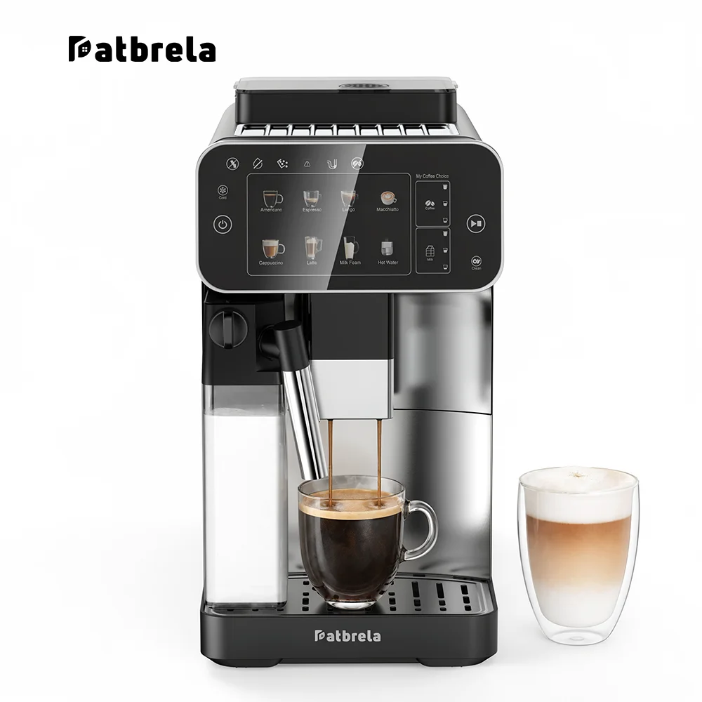 Machine à café automatique Patbrela 1450W, machine à café automatique intelligente 20 bars avec distributeur de lait, écran de menu 8 en 1 pour préparer du latte, du café américain, du cappuccino et du café infusé à froid, intensité de mousse de lait personnalisable, idéale pour les bureaux à domicile. 1