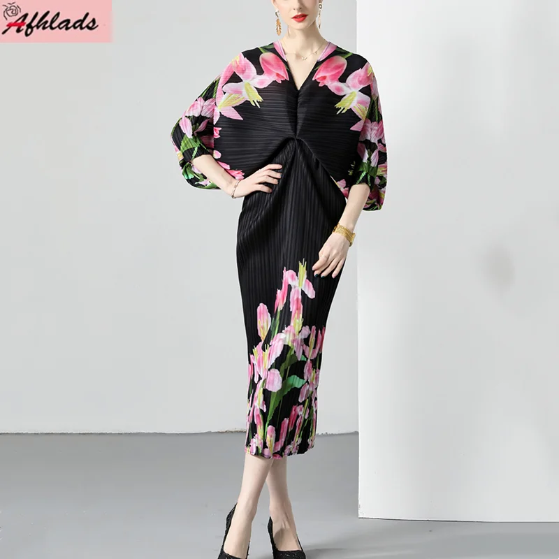 

New Batwing Half Sleeve Print V-Neck Dress Summer High Waist Contrast Color Patchwork Casual Fashion Pleated Women's Clothing