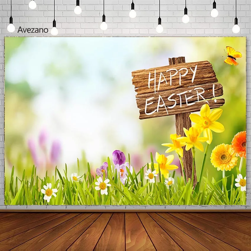 Avezano Easter Sfondi Fotografia Happy Easter Sign Board Eggs Flower Green Lawn Spring Party Decor Sfondo Photo