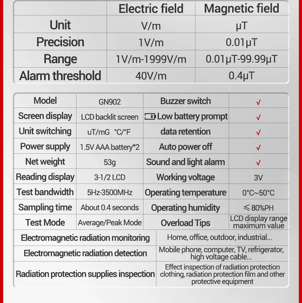 ANENG GN902 전자기파 방사선 측정기 EMF 미터 온도 측정 기능 LCD 백라이트 스크린 분석기