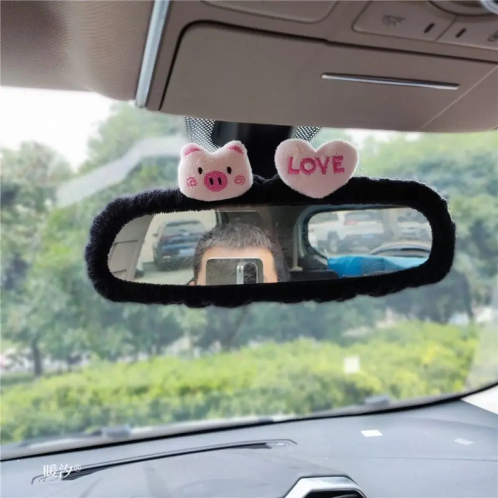 Cute Cartoon Rearview Mirror Cover Plush Bear/Rabbit/Pig Elastic Universal Rearview Mirror Cover Auto Accessories