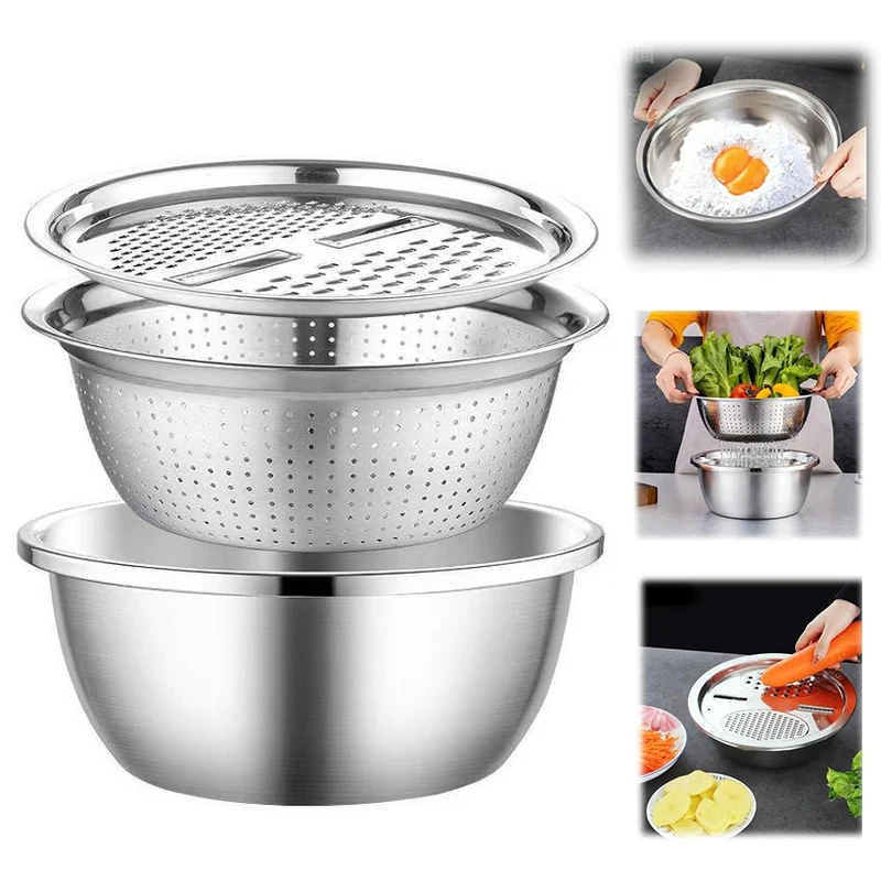 3PCS Multifunctional Stainless Steel Kitchen Graters Vegetable Slicer Vegetable Cutter Drain Basket Set Fruit Drain Basin