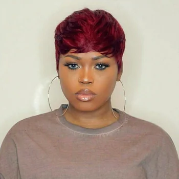 Peluca pixie corta borgoña con flequillo de cabello humano 1