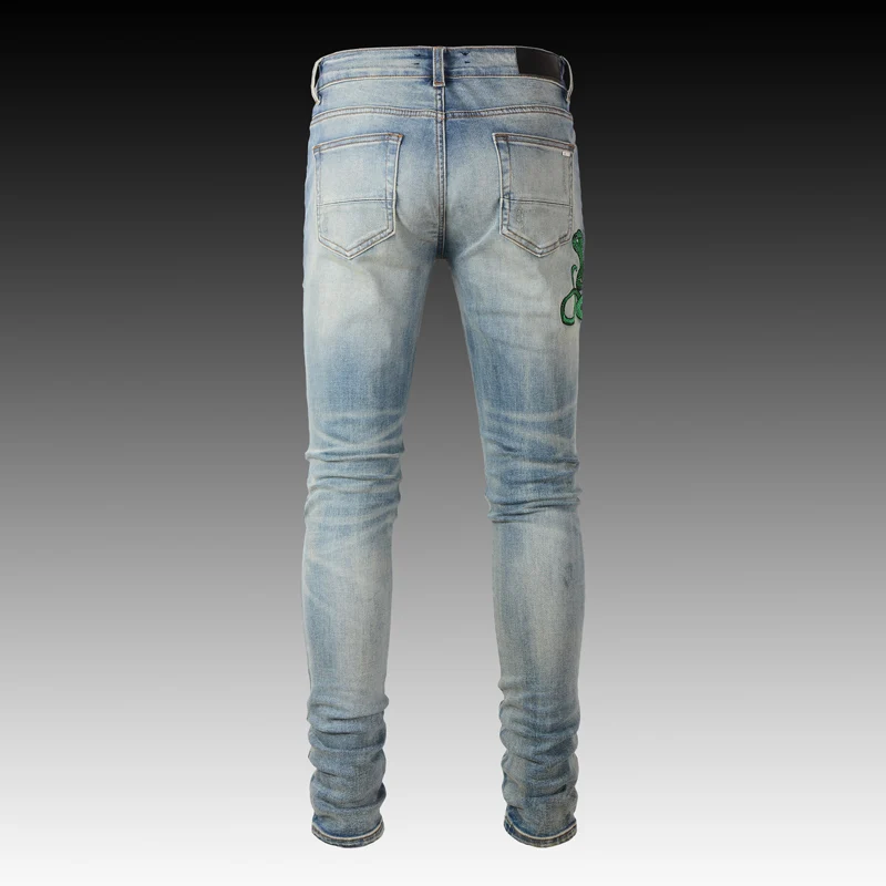 High Street Fashion Men Jeans Retro Washed Blue Elastic Stretch Skinny Ripped Jeans Men Snake Patch Designer Hip Hop Brand Pants