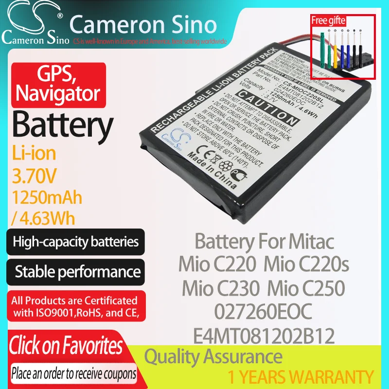 Batteria Cameronsino Per Mitac Mio C220 Mio C220S Mio C230 Mio C250 Mio C210 Adatto A Mitac Gps Gps, Batteria Navigatore 3.70V