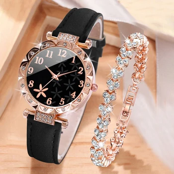 Conjunto de braceletes de coração strass feminino, relógio de pulso quartzo feminino, mostrador flor, pulseira de couro, 2 peças por conjunto 1