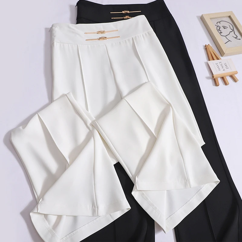 

Брюки в китайском стиле с металлической пряжкой женские брюки с поясом-колоколом Новинка 2024 элегантные Костюмные брюки весенние брюки с завышенной талией и боковой молнией