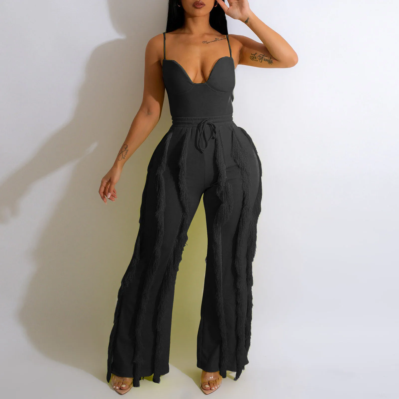 

Y2k Street Women'S Set Strapless Plunging V-Neck Top And Tassel Straight Pants Suit 2024 Two 2 Piece Set Outfits Tracksuit Hot