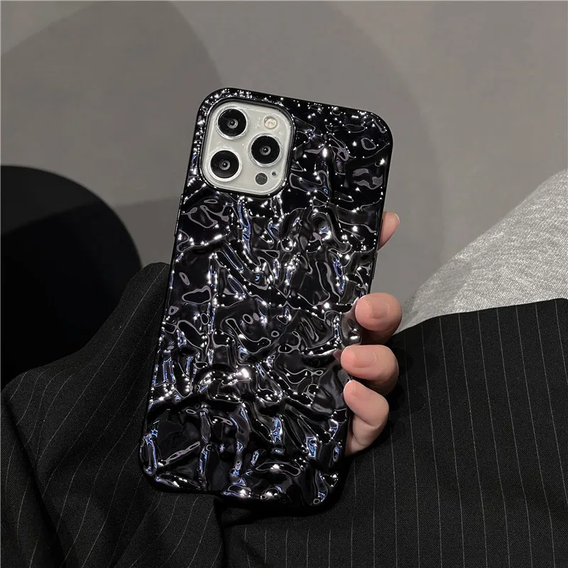 thumbnail image 1 of Funda de teléfono de lujo con pliegues de papel de aluminio plateado para iPhone 13 Pro Max 14 11 12 Pro Max XR XS 16 15promax Plus 14pro, funda de silicona suave, 1 of 5