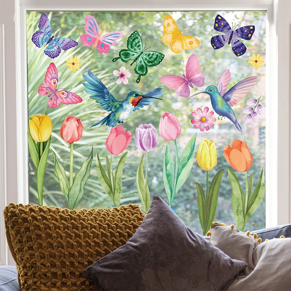 Spring Summer Window Cling Sticker Tulip Butterfly Flower Window Decal for Home Party Supplies Shop Glass Display Decor