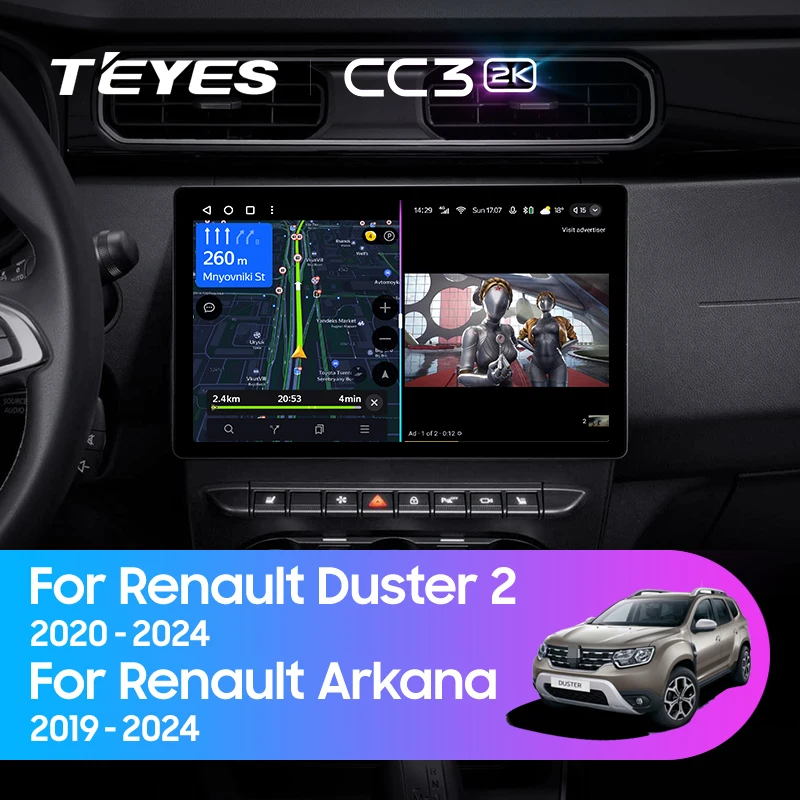 2G 64G podofo 10 inch autoradio voor Renault Duster Arkana 2019 Carplay Android Auto draadloos, Android 13 2 Din Radio Bluetooth HiFi RDS/FM met WiFi/GPS AHD achteruitrijcamera/canbus