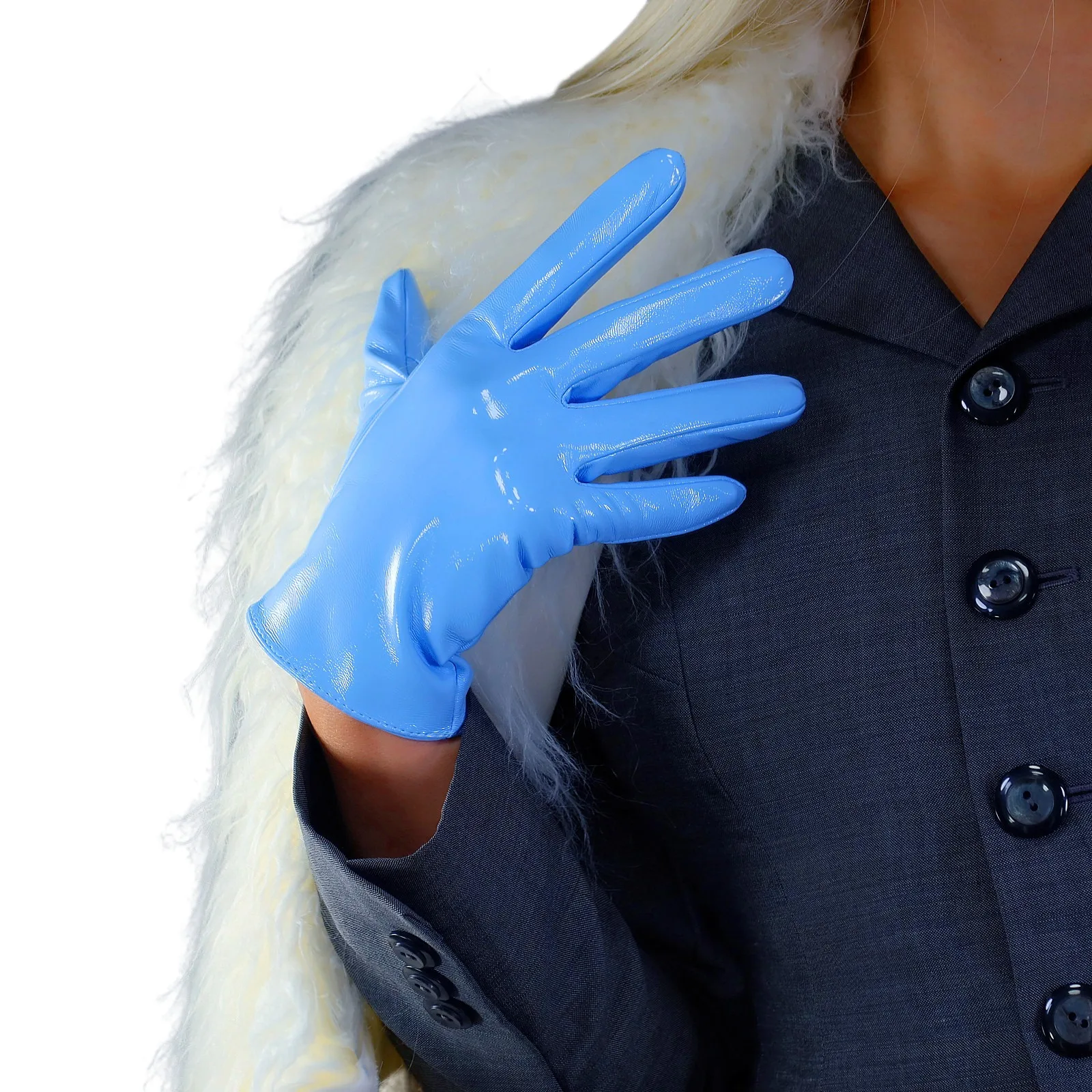 

DooWay Women's Short Leather Gloves Powder Blue Wrist Long Shine Wet look Faux Patent Latex Cosplay Fashion Nightclub Glove