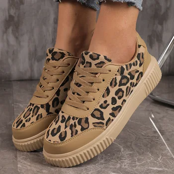 Women's Sneakers Leopard Print Casual Shoes Fashion Outdoor Vulcanized Shoes Canvas Running Shoe Lace-up Platform Women Shoes 1