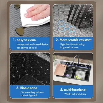 304 Stainless Steel Waterfall Kitchen Sink Large Single Slot Integrated Digital Display Faucet Set Soap Dispenser Cup Washer 4