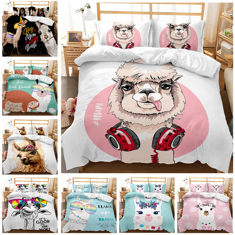 Llama Duvet Cover Set Queen King Full Twin Size, Cute Alpaca