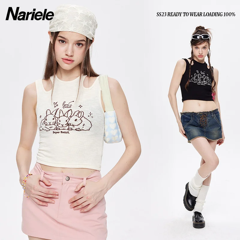 

Befree Rabbit Embroidery American Spice Girl Little Camisole Female Summer Slim Fit Short Knitted Top