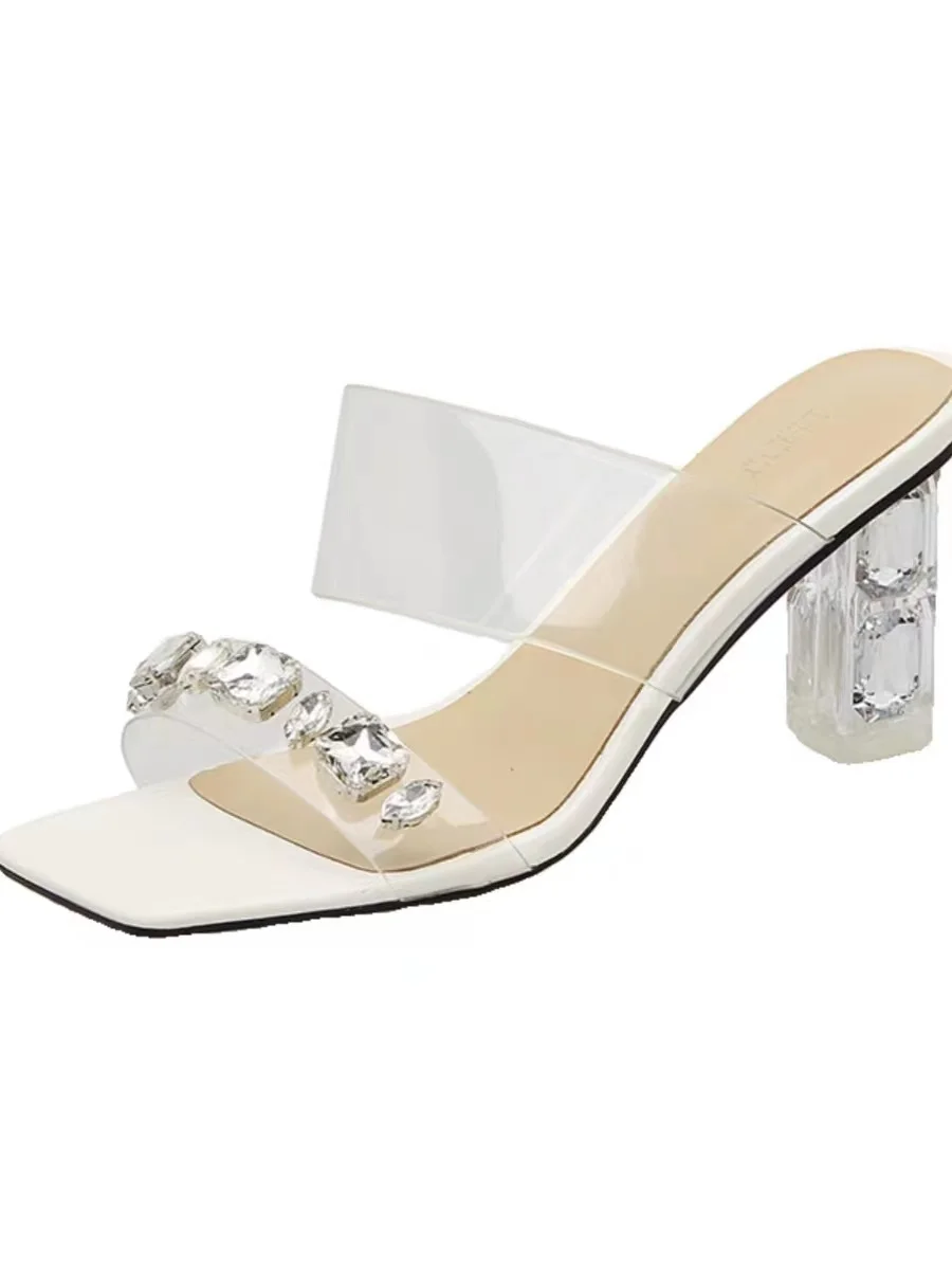 Square head with rhinestone transparent high heel sandals for women wearing crystal heels for summer wear