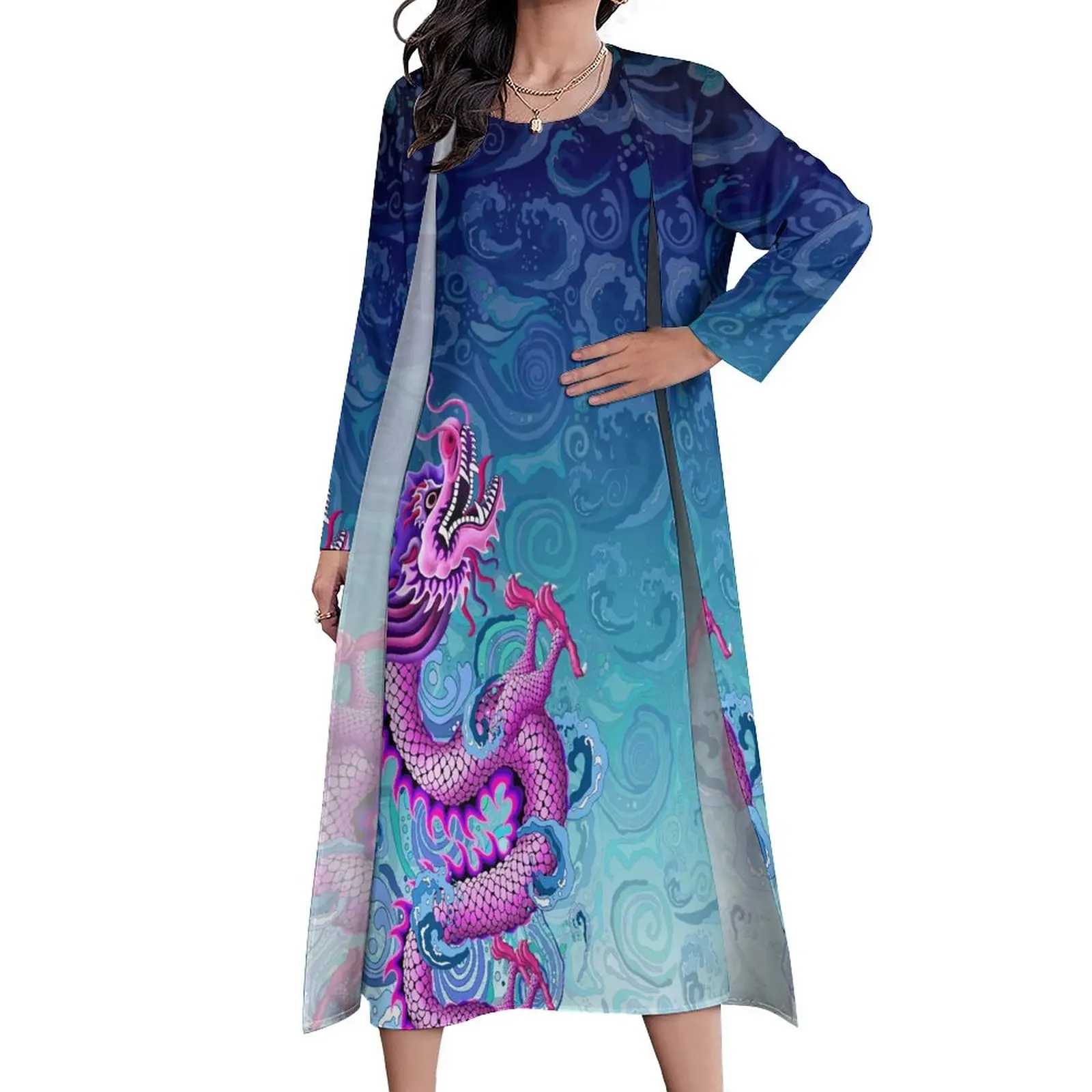 

Large Pink Dragon Dress Two Piece Swirling Water Print Aesthetic Bohemia Long Dresses Ladies Vintage Maxi Dress Birthday Gift