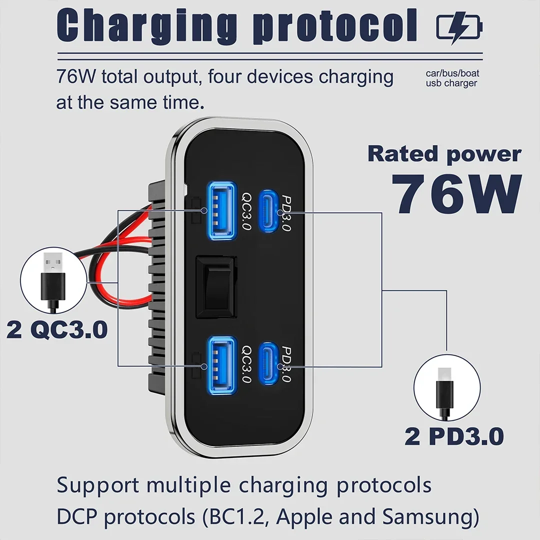 4-Port 12V/24V Car USB Socket Charger 76W Dual PD3.0 Type-C Dual Quick Charge QC3.0 Power Adapter for Marine Bus ATV Truck