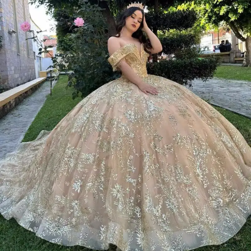 Champagne Shiny Ball Gown Quinceanera Dresses Sequin Gold Appliques Lace Beads Crystal Tull Vestidos 15 De XV A&ntilde;os Sweet 16