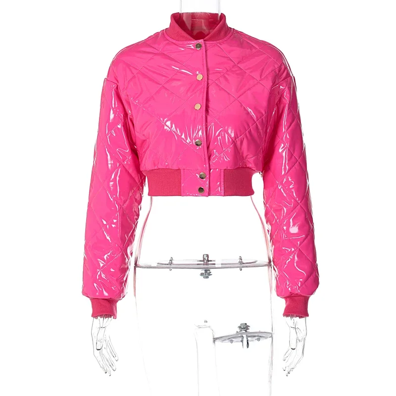 Pink Bomber Jacket Women Zipper Faux Leather Cropped Jacket Autumn Winter Windbreaker Jacket Coat Y2K Japanese Streetwear