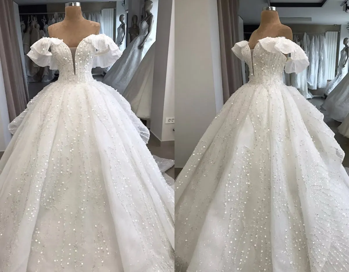 

Fashon Sweetheart Luxury Crystals Beads Wedding Dress Robe De Mariée 2024 Ruffles Off the Shoulder Ballgown Puffy Bridal Gown