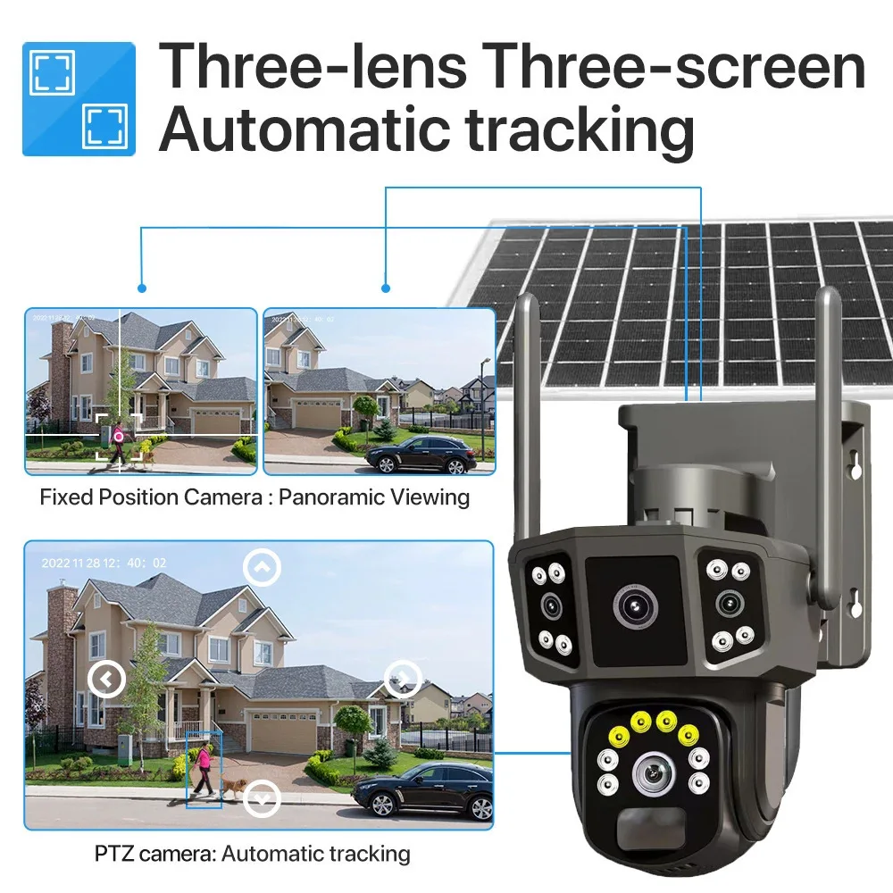 Outdoor panoramic pan tilt solar camera without power or network, remote three screen night vision orchard monitoring camera