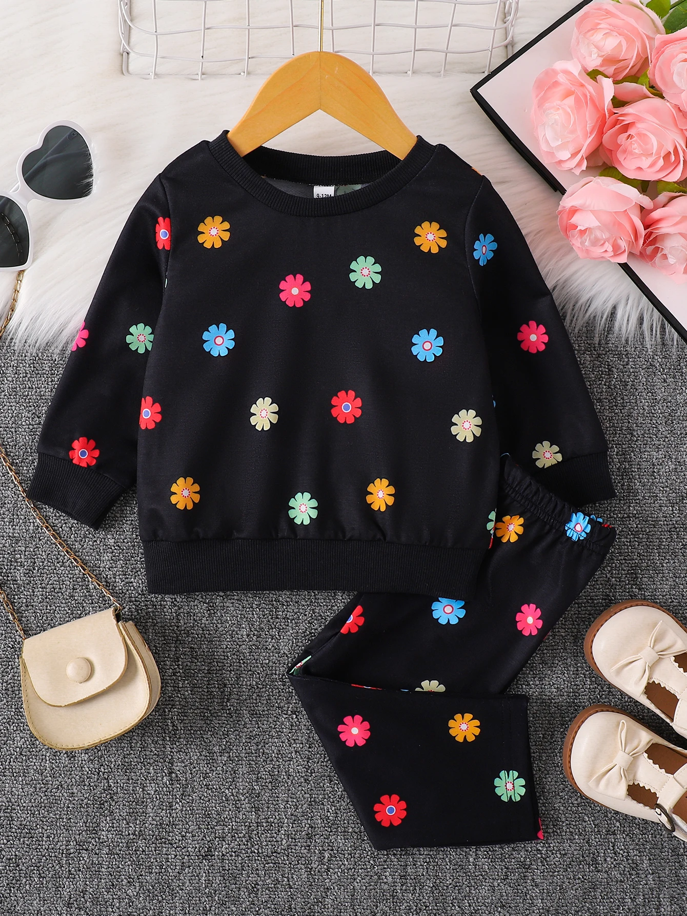 Black Base Colorful Flower Fun Set - Baby's Cool Sweet Autumn Outfit 1