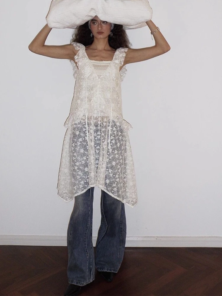 

HOUZHOU See-Through Lace Floral Sheer Tank Dress Summer Women's Sleeveless V Neck Cover-up Long Dress Streetwear Party Dress