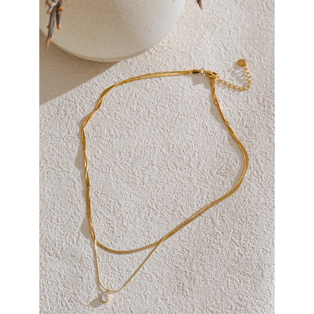 Yhpup Necklace Stainless Steel Chain Double Layer Water Drop Zirconia Jewelry