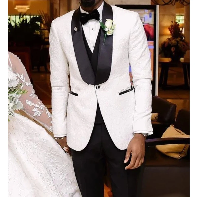 

Смокинг Свадебный с цветочным рисунком для шафера с черной шалью с лацканами 3 шт. приталенные мужские костюмы модный блейзер (пиджак + жилет + брюки)