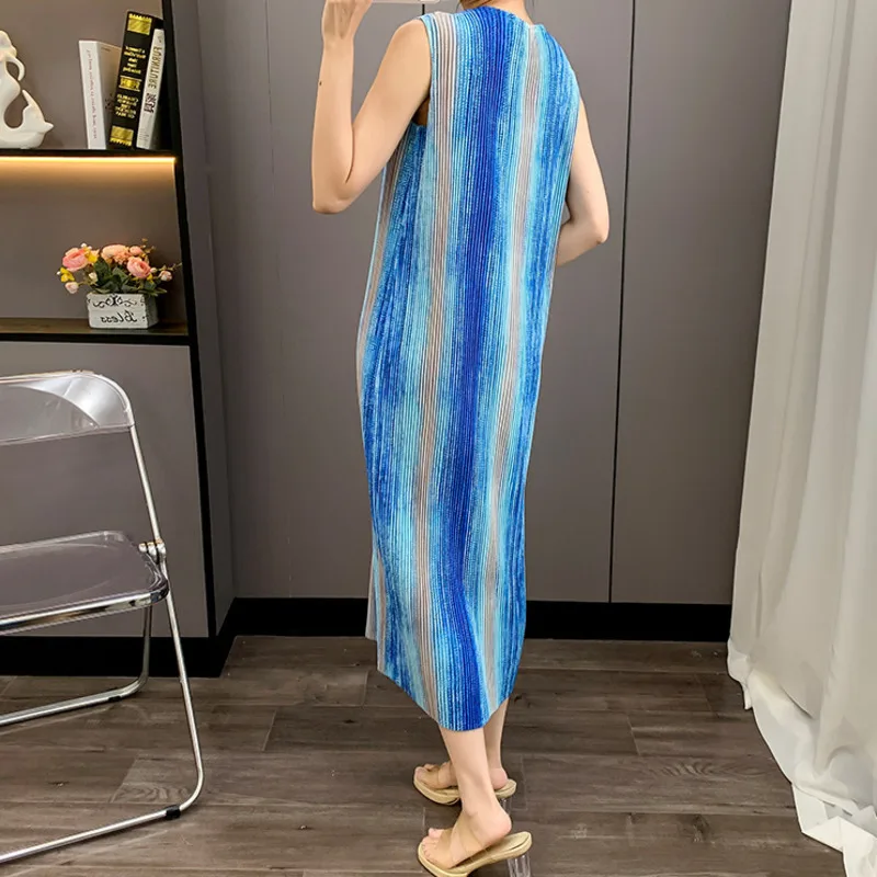 LANMREM Blue Pleated Striped Print Tank Dress Summer 2025 New Elastic Slimming Temperament Straight Dresses Chic Clothes 2DB3972 - Image 5