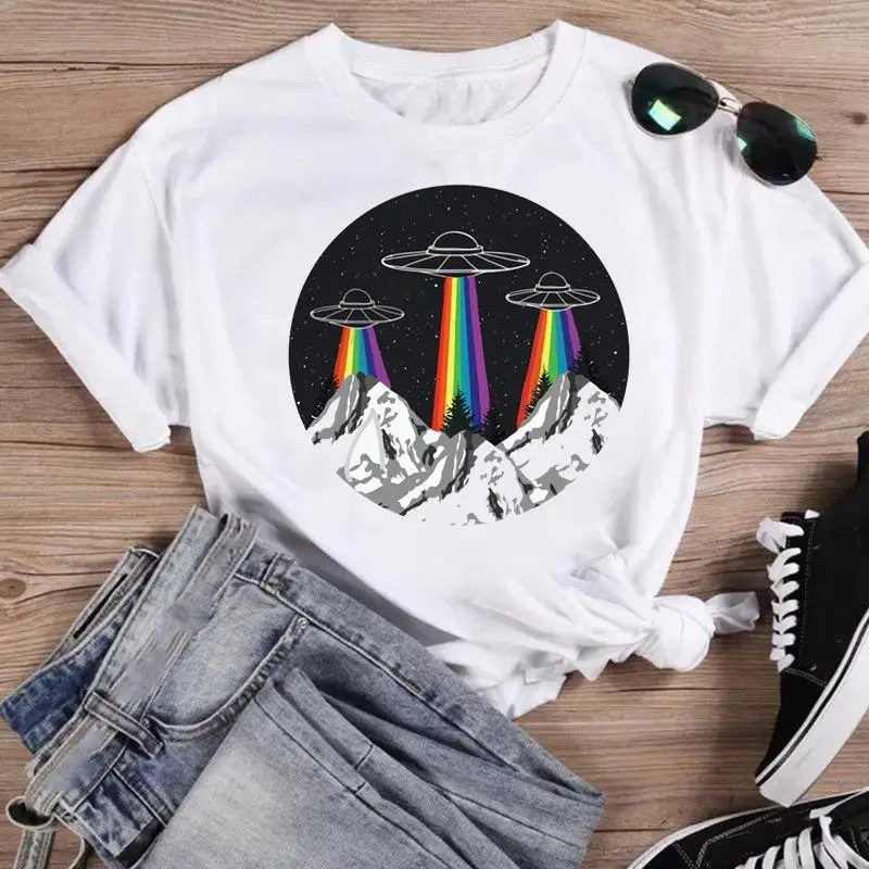 Women Fashion Cartoon Shirt Print Summer T-shirts Female Alien Funny Face Lovely Trend Graphic T Top Short Sleeve Tee T-Shirt best t shirts for men Tees