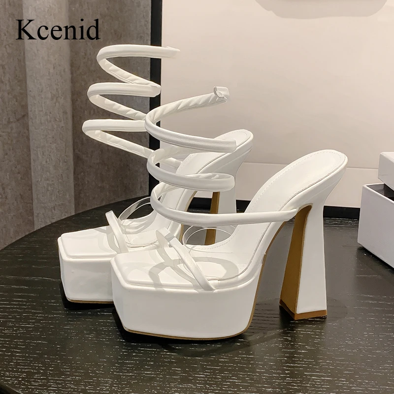 

Kcenid Summer Open Toe Square Super High Heels Platform Sandals For Women Ankle Strappy Nightclub Banquet Female Shoes