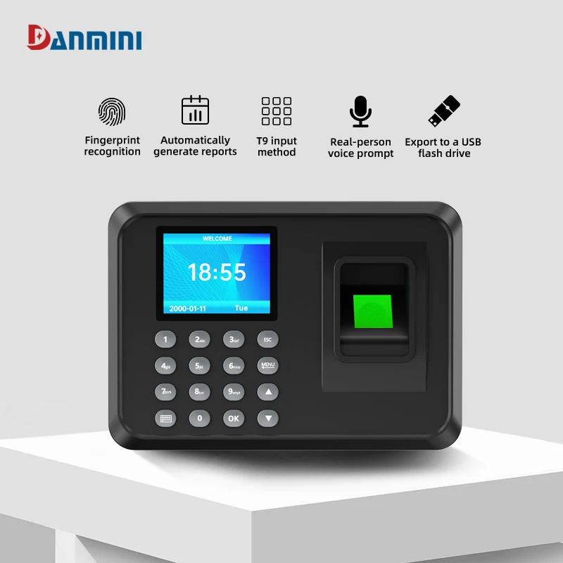 Machine de présence d'empreintes digitales de 2.4 pouces, prise en charge de 15 langues, horloge 100000 dans les enregistrements, gestion du temps des employés, gestion des données USB