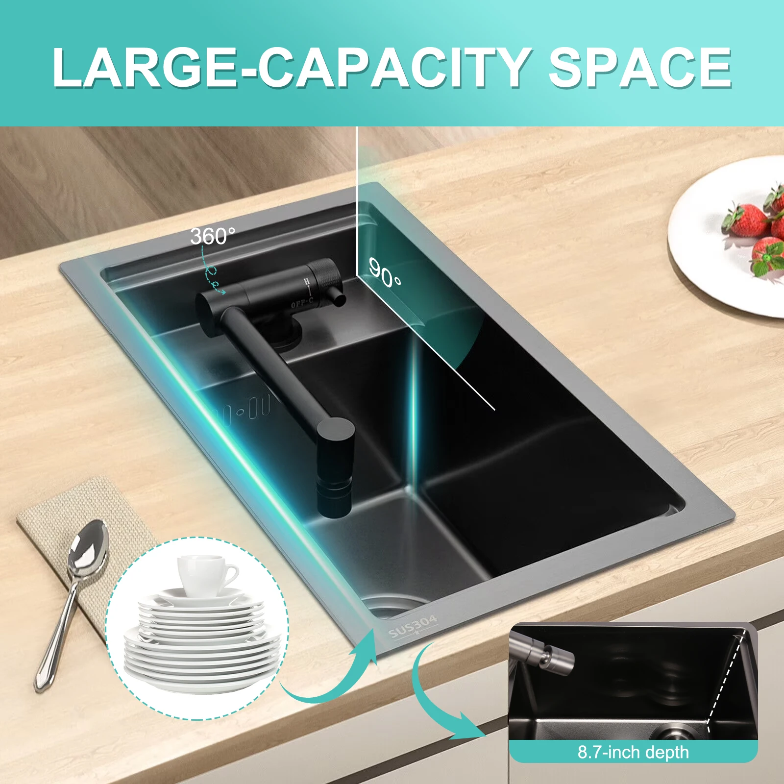 16.9 X 9.8 X 8.7 Inch Single Bowl Kitchen Sink with Foldable Faucet Stainless Steel Kitchen Sink for RV