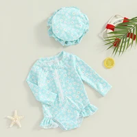 Toddler Girls Rash Guard Swimsuit 2pcs Bathing Suit + Sun Hat Set Infant Long Sleeve Floral Print Ruffles Swimwear with Swim Cap 5