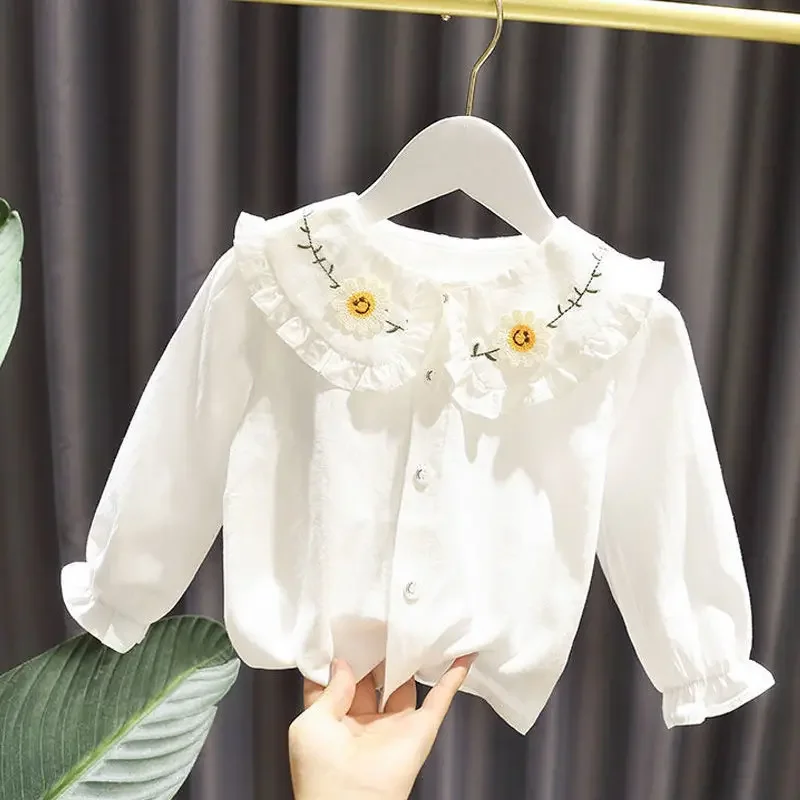 Girls' Shirt Spring and Autumn Polo Collar Pure Cotton Long Sleeve White Shirt Girls' Children's Top Blouse for Girls kids shirts