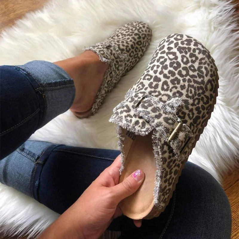 New Fashion Leopard Print Plus Size 43 Slippers 2023 European and AmericanCasual Loafers Ladies Socofy Flat Slip-on Shoes femmes